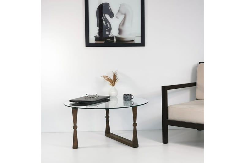Sabani Sofabord 80 cm Rundt Formede Ben - Glas/Valnøddebrun - Møbler - Borde - Sofabord