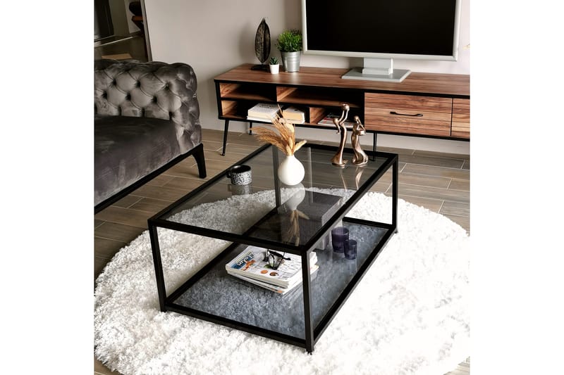Sabani Sofabord 90 cm med Opbevaringshylde - Glas/Røgfarvet/Sort - Sofabord