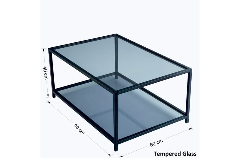 Sabani Sofabord 90 cm med Opbevaringshylde - Glas/Røgfarvet/Sort - Sofabord