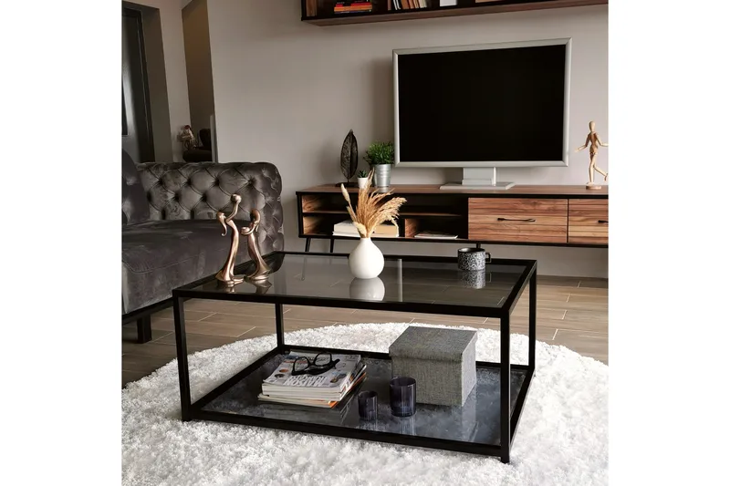 Sabani Sofabord 90 cm med Opbevaringshylde - Glas/Røgfarvet/Sort - Møbler - Borde - Sofabord