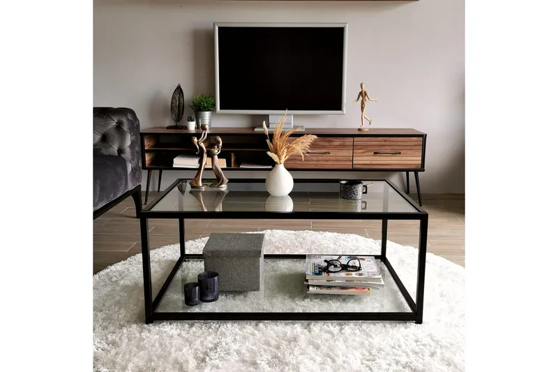 Sabani Sofabord 90 cm med Opbevaringshylde - Glas/Sort - Møbler - Borde - Sofabord