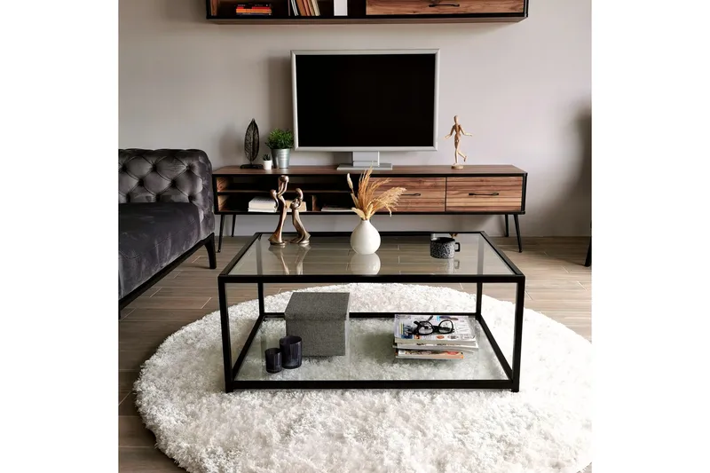 Sabani Sofabord 90 cm med Opbevaringshylde - Glas/Sort - Møbler - Borde - Sofabord