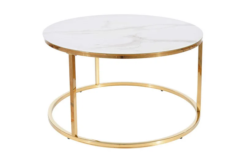 Sabines Sofabord 80 cm Rundt Marmormønster, Hvid/Guld