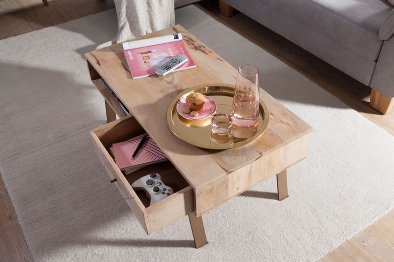 Sekuterski Sofabord 95 cm med Opbevaring Skuffe + Hylde - Massivt Træ - Møbler - Borde - Sofabord - Sofabord med opbevaring