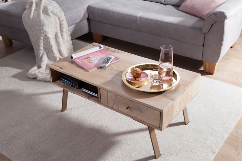 Sekuterski Sofabord 95 cm med Opbevaring Skuffe + Hylde - Massivt Træ - Møbler - Borde - Sofabord - Sofabord med opbevaring