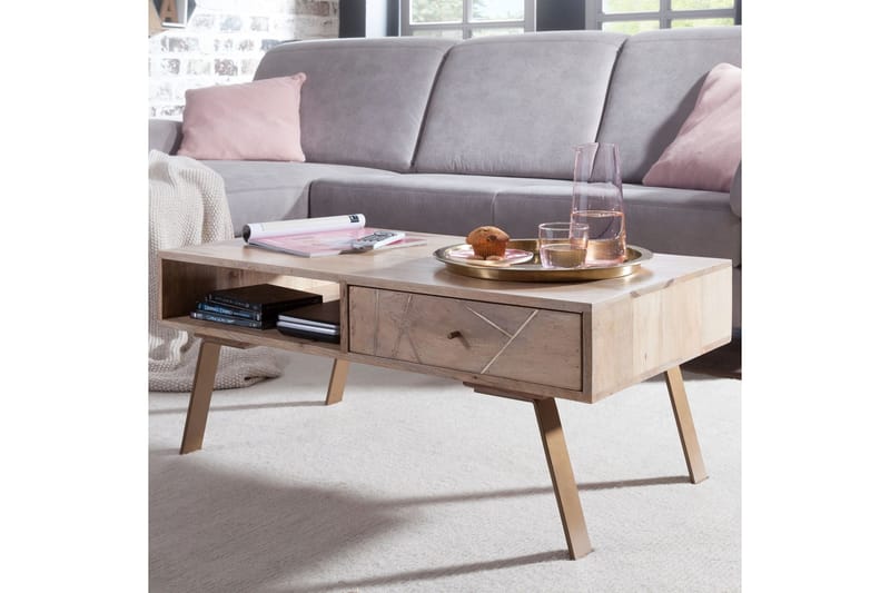 Sekuterski Sofabord 95 cm med Opbevaring Skuffe + Hylde - Massivt Træ - Møbler - Borde - Sofabord - Sofabord med opbevaring