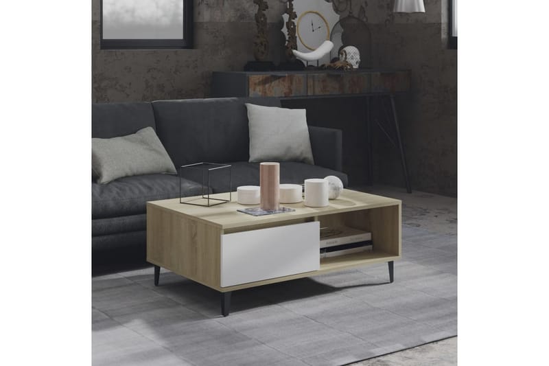 sofabord 90x60x35 cm spånplade hvid og sonoma-eg - Beige - Møbler - Borde - Sofabord