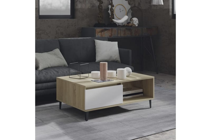 sofabord 90x60x35 cm spånplade hvid og sonoma-eg - Beige - Sofabord