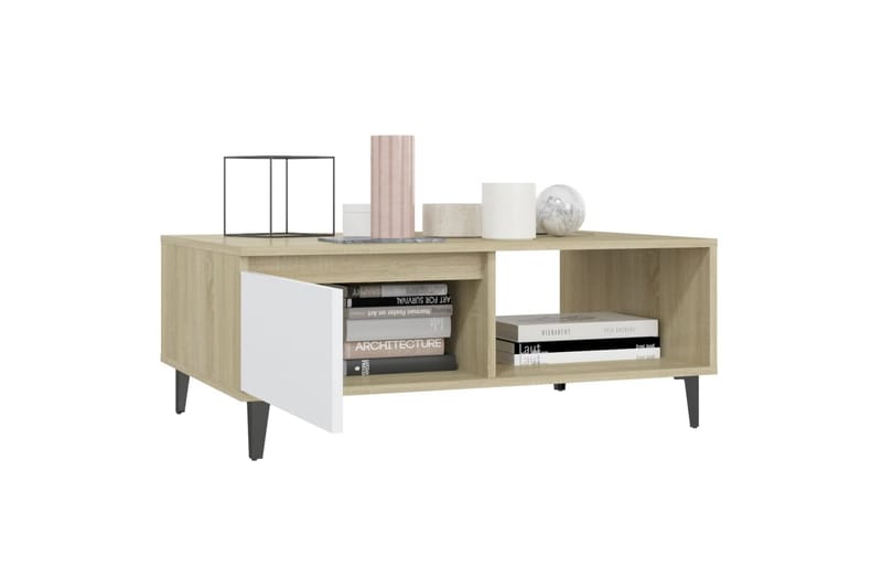 sofabord 90x60x35 cm spånplade hvid og sonoma-eg - Beige - Møbler - Borde - Sofabord