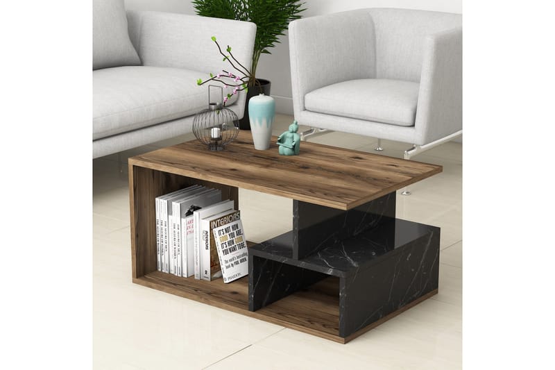 Sofabord Garavelo Sofabord 90 cm med opbevaring hylder marmormønster Svart,Trä/Natur,Mörkbrun - Møbler - Borde - Sofabord