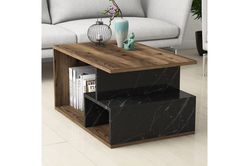 Sofabord Garavelo Sofabord 90 cm med opbevaring hylder marmormønster Svart,Trä/Natur,Mörkbrun - Møbler - Borde - Sofabord