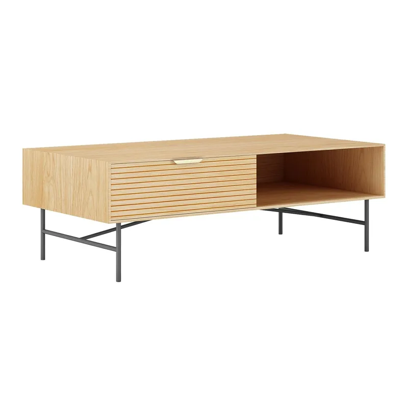 Sofabord HOME4YOU Bassel 120x60x40 cm 3D melamin, lys trædekor med sorte ben/gyldne greb