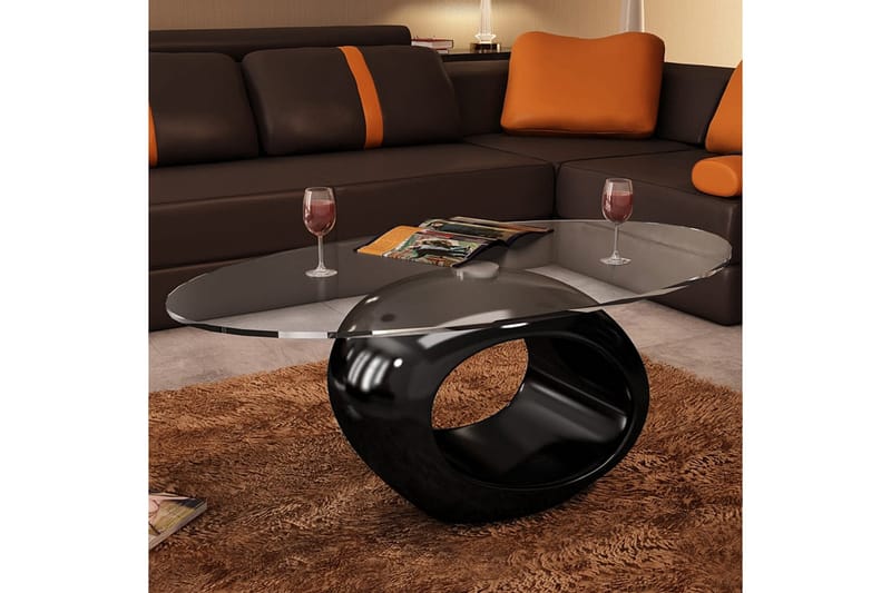 Sofabord Med Oval Bordplade I Glas Højglans Sort - Sort - Sofabord