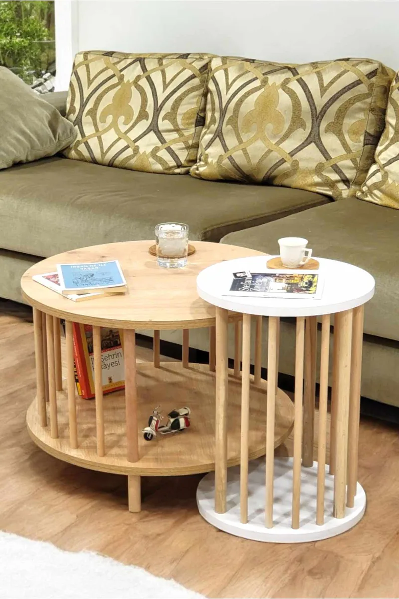 Sofabordssæt Hanah Home Peka Set Pro (Ø60 x H43 cm) Sapphire eg hvid, Sapphire Oak og hvid