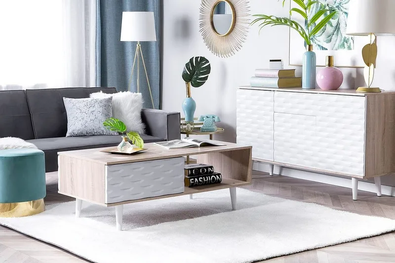 Swanea Sofabord 120 cm med Opbevaring Skab + Hylde - Lysebrun/Hvid - Møbler - Borde - Sofabord