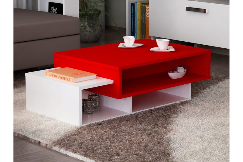 Tabate Sofabord 105 cm med Opbevaring Hylder - Hvid/Rød - Sofabord