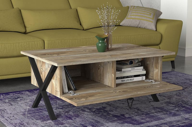 Tera Home Sofabord 90 cm med Opbevaring Låge med Krydsben - Vintage Træ/Sort - Sofabord