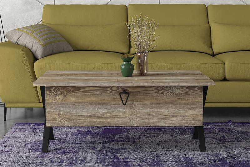 Tera Home Sofabord 90 cm med Opbevaring Låge med Krydsben - Vintage Træ/Sort - Sofabord