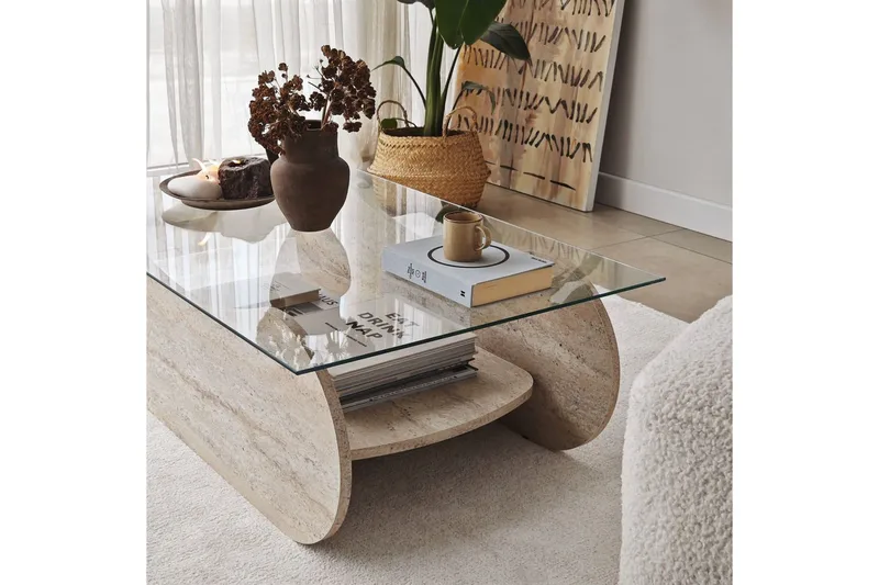 Sofabord Tevrin Travertin / Transparent - Travertin / Transparent - Møbler - Borde - Sofabord