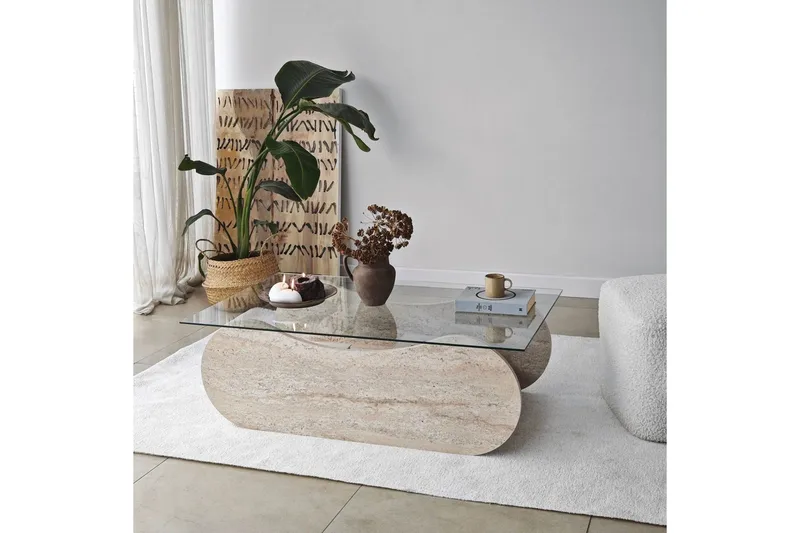 Sofabord Tevrin Travertin / Transparent - Travertin / Transparent - Møbler - Borde - Sofabord