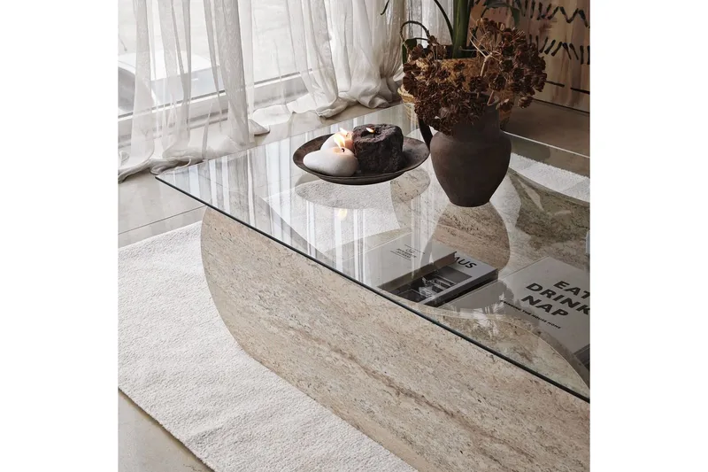 Sofabord Tevrin Travertin / Transparent - Travertin / Transparent - Møbler - Borde - Sofabord
