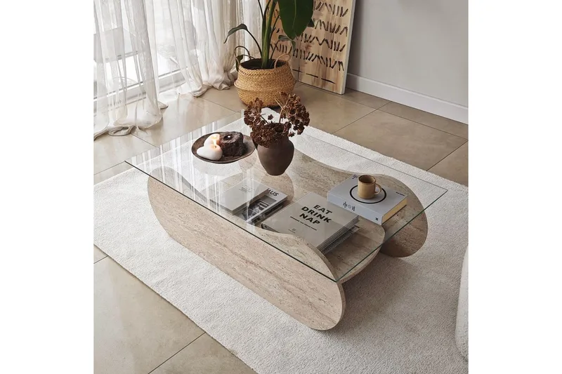 Sofabord Tevrin Travertin / Transparent - Travertin / Transparent - Møbler - Borde - Sofabord