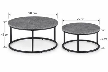 Thyra Rundt Indskudsbord - 2 Sofaborde 90 og 75 cm med Stenudseende og Metalben - Grå|Sort - Møbler - Borde - Sofabord