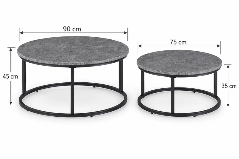 Thyra Rundt Indskudsbord - 2 Sofaborde 90 og 75 cm med Stenudseende og Metalben - Grå|Sort - Møbler - Borde - Sofabord