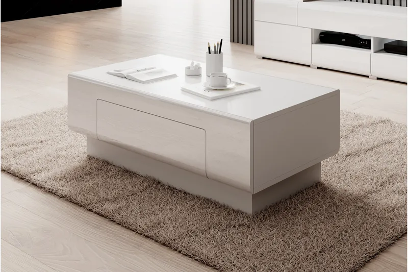 Toreno Sofabord 110 cm med Opbevaring Hylde + Skuffe - Hvid - Møbler - Borde - Sofabord