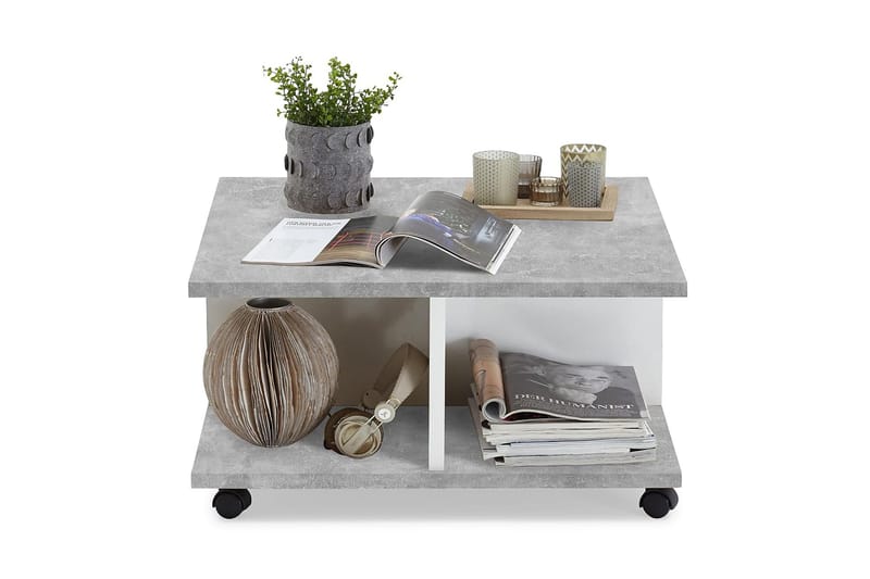 Twin Sofabord 70 cm med Opbevaring Skuffer på Hjul - Hvid/Betongrå - Møbler - Borde - Sofabord