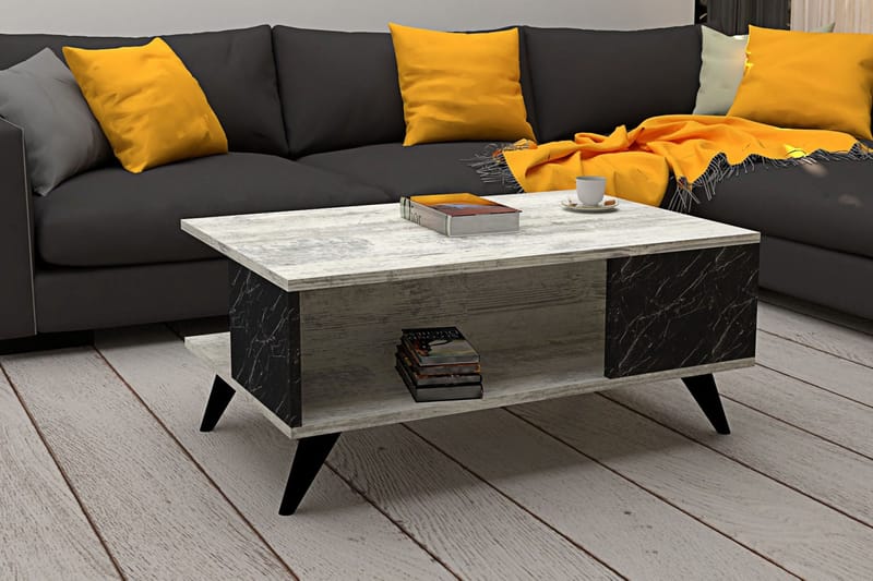 Vainode Sofabord 90 cm med Opbevaringshylder Marmormønster - Beige/Sort - Sofabord
