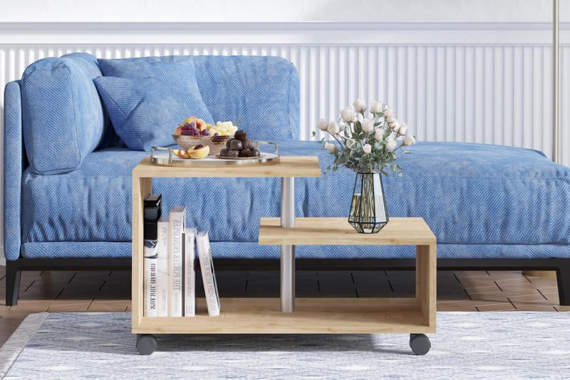 Vezirova Sofabord 80 cm med Opbevaring Hylde på Hjul - Natur/Sort - Møbler - Borde - Sofabord