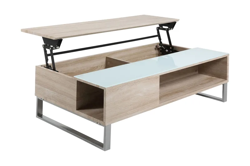 Vilhelmina Sofabord 110 cm med Opbevaring Hylde - Glas/Egefarvet/Hvid/Lysegrå - Møbler - Borde - Sofabord