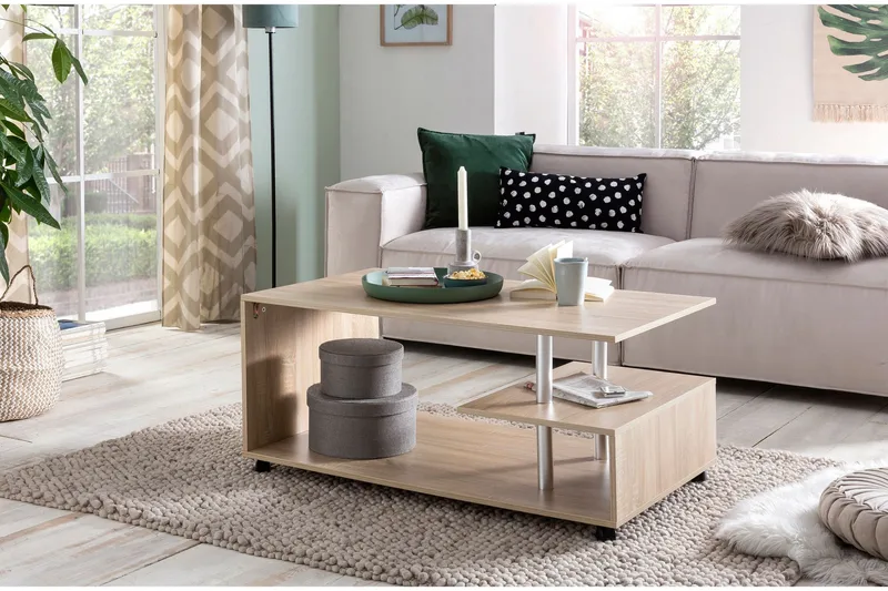 Werbeck Sofabord 105 cm med Opbevaring Hylde på Hjul - Træ/Natur - Møbler - Borde - Sofabord - sofabord med hjul