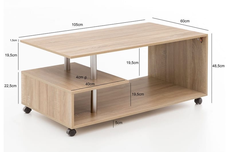 Werbeck Sofabord 105 cm med Opbevaring Hylde på Hjul - Træ/Natur - Møbler - Borde - Sofabord - sofabord med hjul