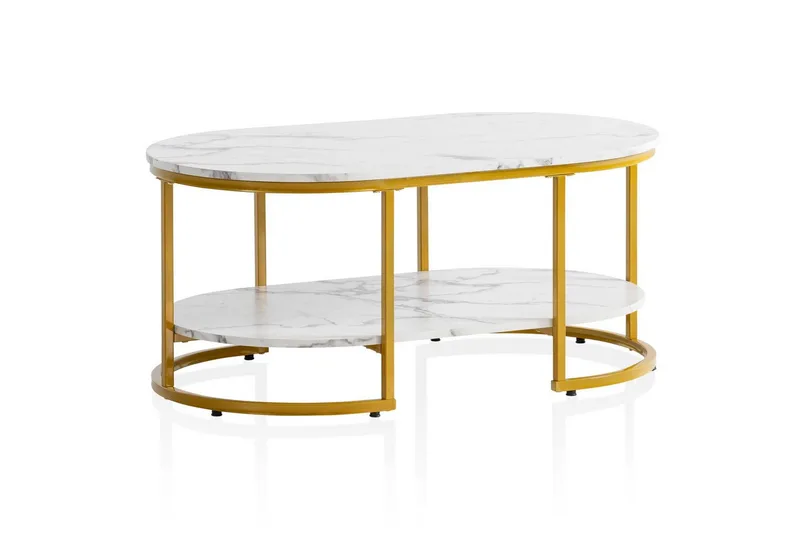 Sofabord Wohnling marmorlook ovalt 100 cm med opbevaringshylde, Bauhaus stil Marmor Hvid, Marmor Hvid