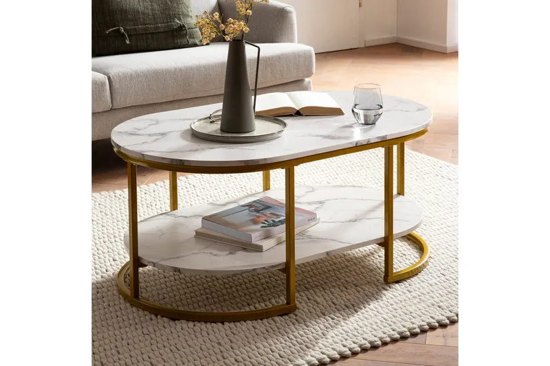 Sofabord Wohnling marmorlook ovalt 100 cm med opbevaringshylde, Bauhaus stil Marmor Hvid - Marmor Hvid - Møbler - Borde - Sofabord