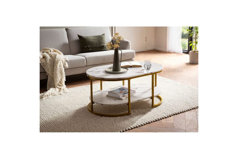 Sofabord Wohnling marmorlook ovalt 100 cm med opbevaringshylde, Bauhaus stil Marmor Hvid - Marmor Hvid - Møbler - Borde - Sofabord