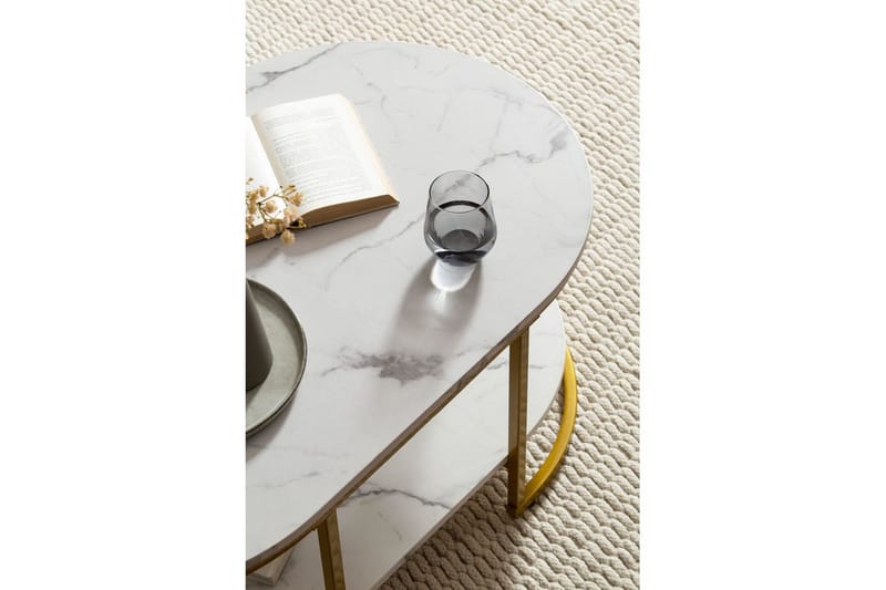 Sofabord Wohnling marmorlook ovalt 100 cm med opbevaringshylde, Bauhaus stil Marmor Hvid - Marmor Hvid - Møbler - Borde - Sofabord