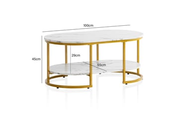 Sofabord Wohnling marmorlook ovalt 100 cm med opbevaringshylde, Bauhaus stil Marmor Hvid - Marmor Hvid - Møbler - Borde - Sofabord