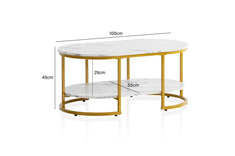 Sofabord Wohnling marmorlook ovalt 100 cm med opbevaringshylde, Bauhaus stil Marmor Hvid - Marmor Hvid - Møbler - Borde - Sofabord