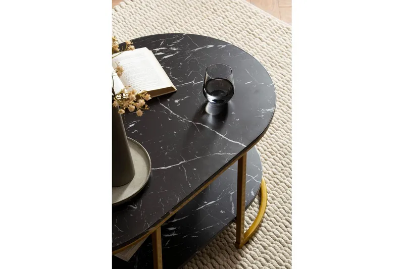 Sofabord Wohnling marmorlook ovalt 100 cm med opbevaringshylde, Bauhaus stil Marmor sort - Marmor sort - Møbler - Borde - Sofabord