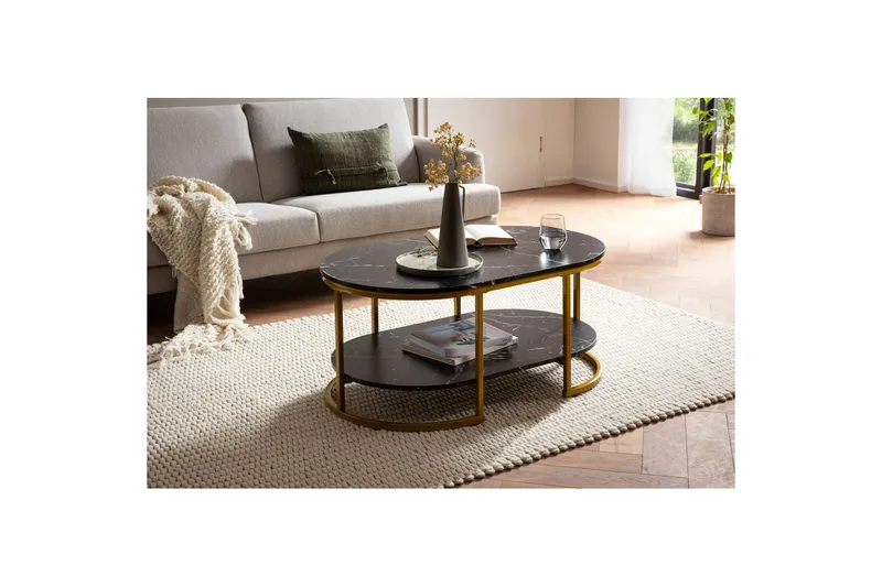 Sofabord Wohnling marmorlook ovalt 100 cm med opbevaringshylde, Bauhaus stil Marmor sort - Marmor sort - Møbler - Borde - Sofabord