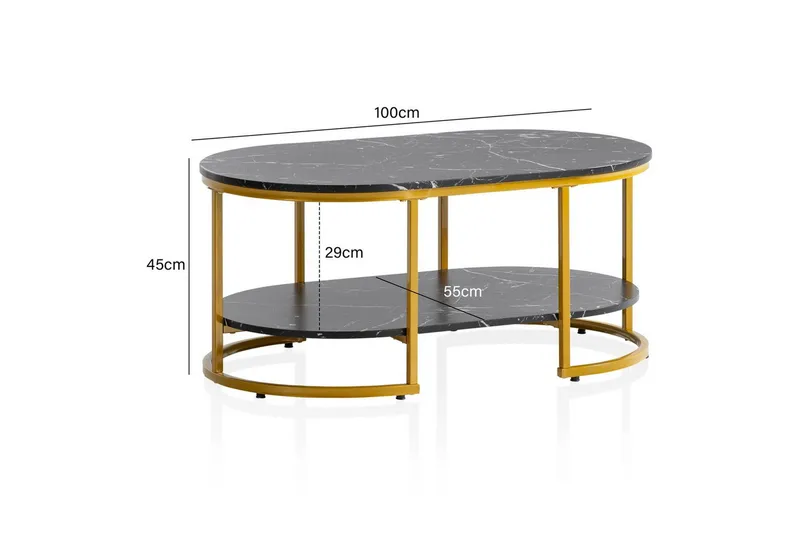 Sofabord Wohnling marmorlook ovalt 100 cm med opbevaringshylde, Bauhaus stil Marmor sort - Marmor sort - Møbler - Borde - Sofabord
