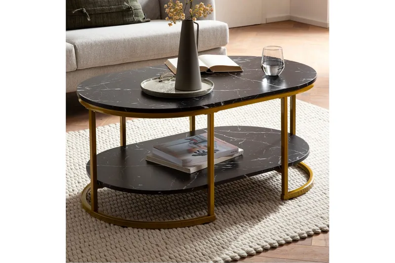 Sofabord Wohnling marmorlook ovalt 100 cm med opbevaringshylde, Bauhaus stil Marmor sort - Marmor sort - Møbler - Borde - Sofabord
