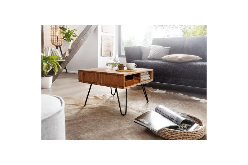 Sofabord Wohnling Massivt træ 60 cm firkantet med 4 opbevaringsbakker landstil - Møbler - Borde - Sofabord