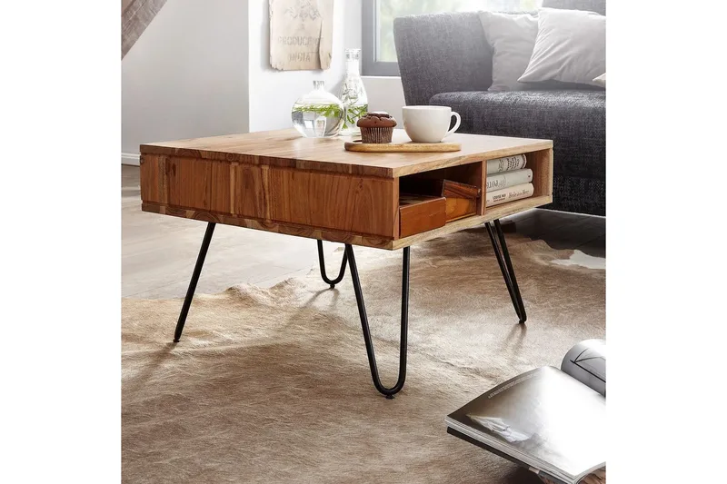 Sofabord Wohnling Massivt træ 60 cm firkantet med 4 opbevaringsbakker landstil - Møbler - Borde - Sofabord