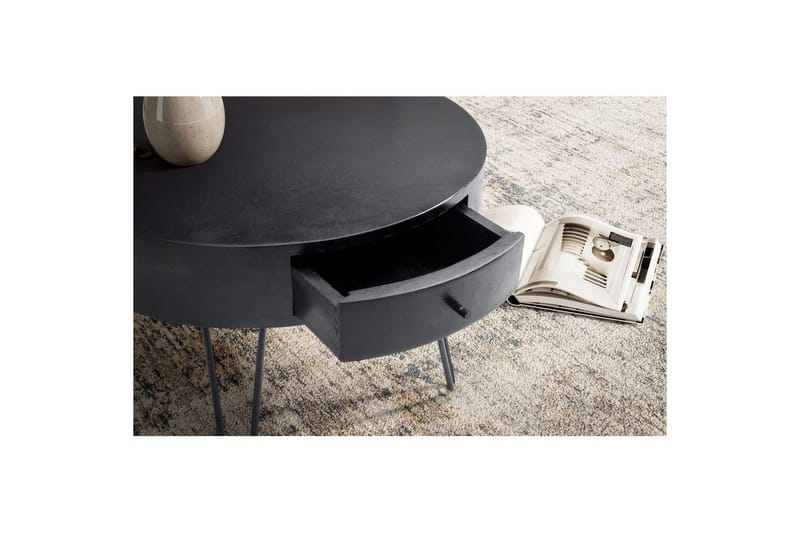 Sofabord Wohnling massivt træ 60 cm rundt med skuffe, landlig stil Sort - Sort - Møbler - Borde - Sofabord