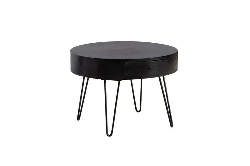 Sofabord Wohnling massivt træ 60 cm rundt med skuffe, landlig stil Sort, Sort