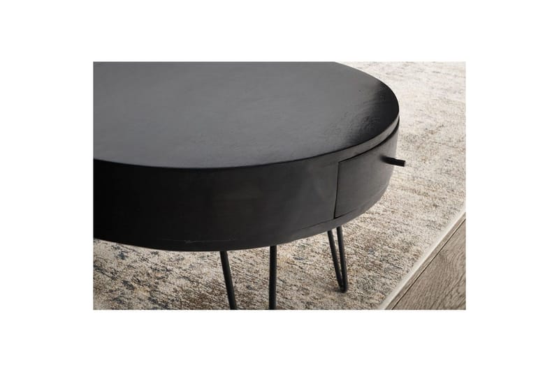 Sofabord Wohnling massivt træ 60 cm rundt med skuffe, landlig stil Sort - Sort - Møbler - Borde - Sofabord